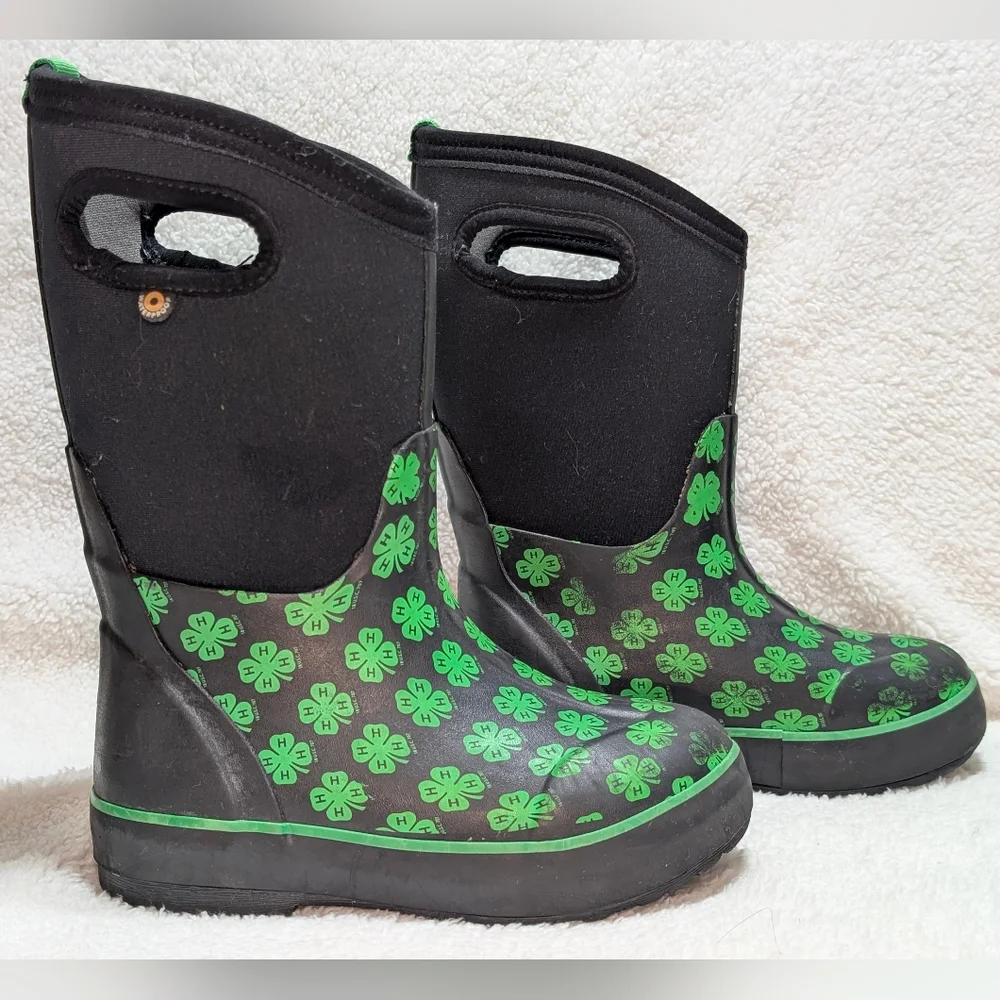 Bogs Kids Sz 13 Classic II Handle 4H Neoprene Rain Snow Boots Clover Black Green